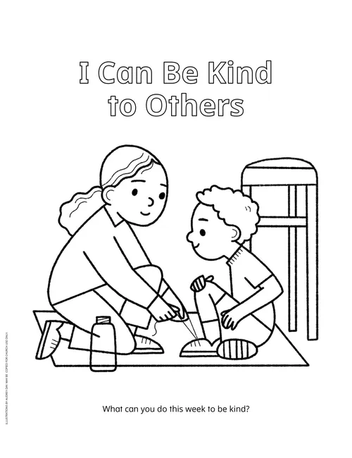 Coloring page PDF of a girl tying a boy’s shoe