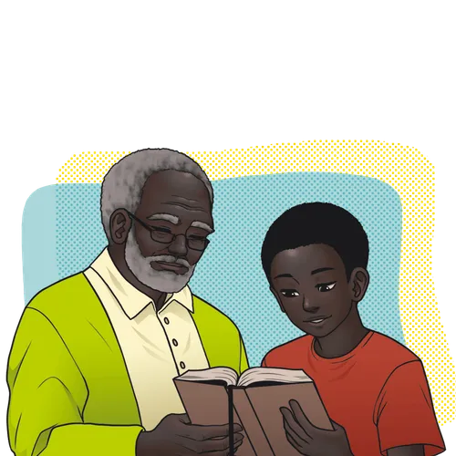 young man reading with old man