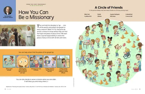 Page PDF with a painting of Jesus Christ teaching, and illustrations of children helping and inviting others