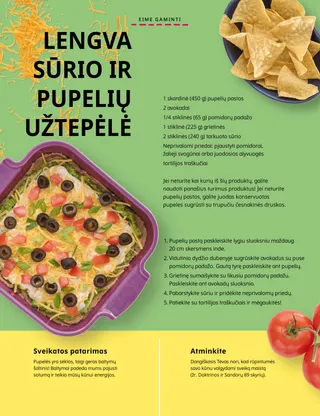 PDF puslapis, kuriame pavaizduoti tortilijos traškučiai, keptuvė su pupelių padažu ir pomidorai