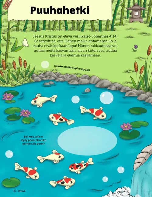 PDF-tehtäväsivu, jonka kuvituksessa on kaloja lammessa, sammakko, vesiputous ja lumpeita