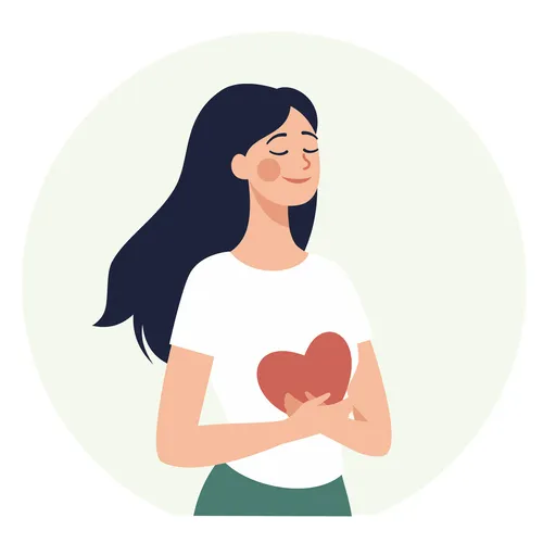an illustration of a woman smiling and holding a heart