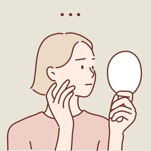 a short-haired woman holding a mirror and looking uncertain