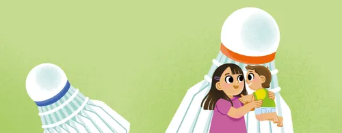 Illustration of a badminton shuttlecock superimposed with an image of a smiling girl playing with a toddler boy