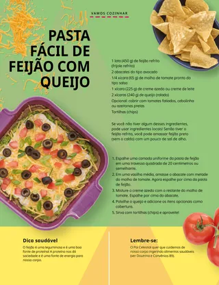 Página em PDF de uma vasilha de tortilhas, uma travessa de pasta de feijão e tomates