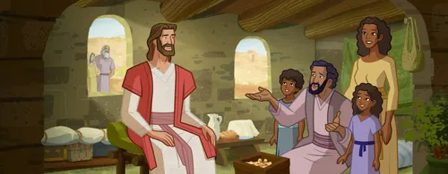 Jesus talks with Zacchaeus and his family.