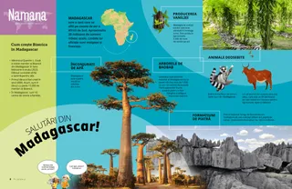 Pagină în format PDF cu o hartă mică a Africii și imagini cu baobabi, formațiuni stâncoase, plante de vanilie, un lemur și un zebu.