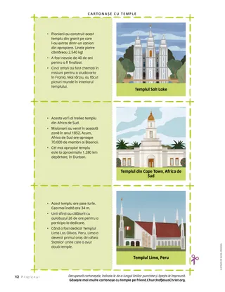 Trei cartonașe pentru decupat cu o ilustrație a unui templu pe o parte și informații distractive pe cealaltă parte.