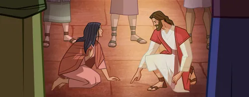 Jesus writes in the dirt.