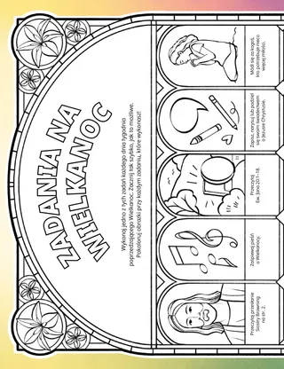 Plik PDF z obrazkami do pokolorowania, na których znajdują się motywy wielkanocne