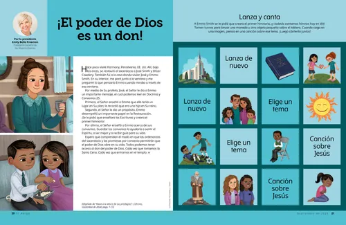 Ilustraciones de Emma Smith sosteniendo un vaso, un niño y una niña tomando la Santa Cena y un juego de lanza y canta