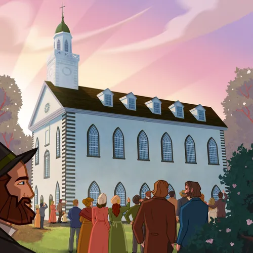 lidé se dívají na dostavěný chrám Kirtland