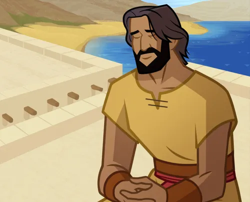 Peter kneeling and praying.