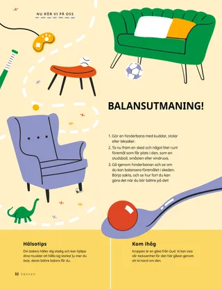 Pdf-sida av en sked med en liten boll på, och en väg genom möbelhinder.