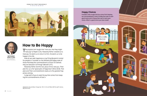 Illustration of Nephites living happily, plus an activity showing children being kind to others