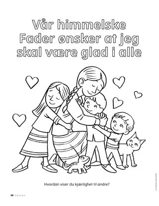 Fargeleggingsside med barn som klemmer hverandre