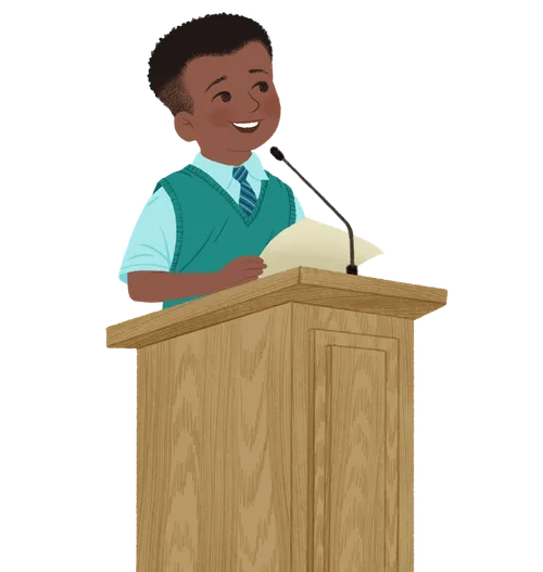 Smiling boy standing at a pulpit