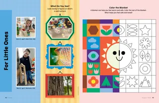 Page PDF with blanket coloring activity, and enlarged images of bubbles, fish, and tree bark