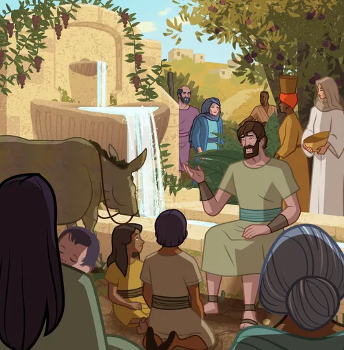 A peaceful scene near a fountain, with James teaching people about the gospel.