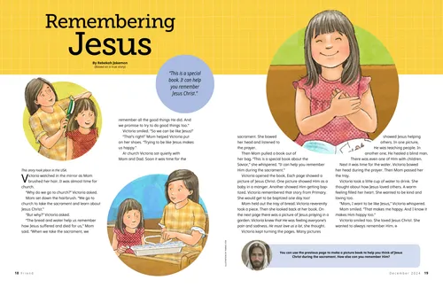 Story PDF with illustrations of a mom brushing a girl’s hair, the girl taking the sacrament, and the girl holding her hands over her heart and smiling
