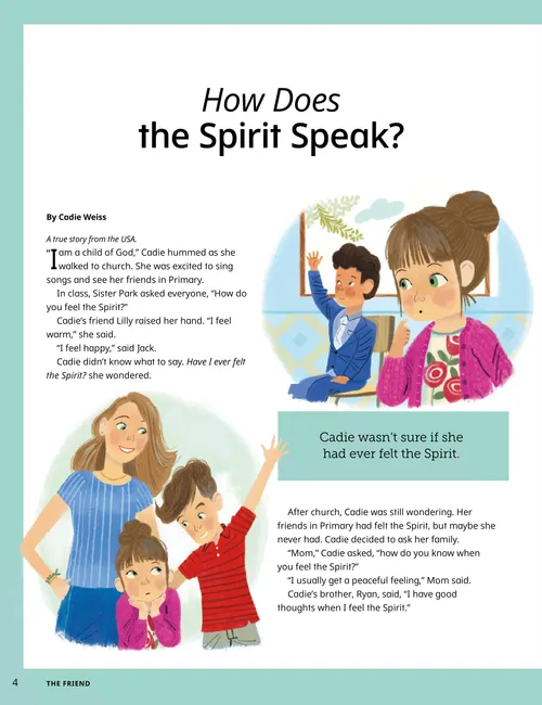 Page PDF with illustrations of a girl in Primary class, talking with her mom and older brother, and singing in a choir