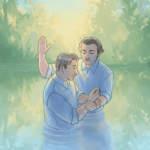Oliver Cowdery baptizing Joseph Smith