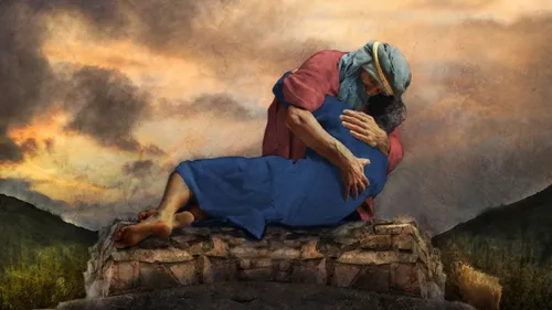 Abraham and Isaac embracing one another