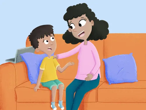 Boy and mom sitting on a sofa and talking