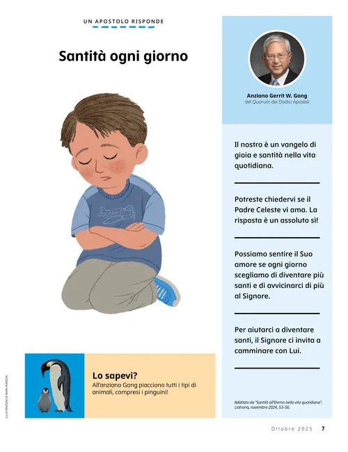 Pagina in formato PDF di un’illustrazione con un ragazzino inginocchiato in preghiera; più un’illustrazione di un pinguino adulto e di un cucciolo di pinguino