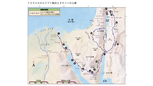 エジプトからカナンまでのイスラエルの民のルートを示す地図