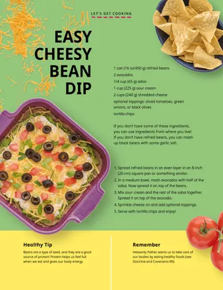 Page PDF of a bowl of tortilla chips, a pan of bean dip, and tomatoes