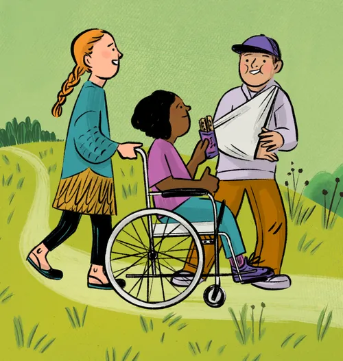 Illustration of a girl in a wheelchair giving a treat to a boy with his arm in a sling