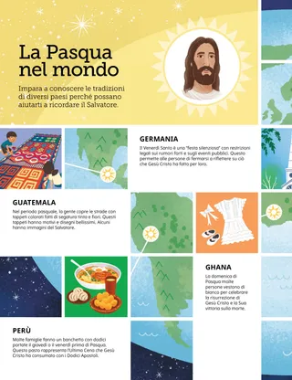 PDF della pagina con l’illustrazione di un mappamondo e simboli pasquali da tutto il mondo