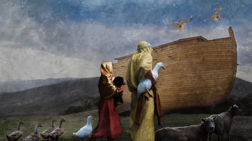 Noah and his family and several animals walking toward the ark