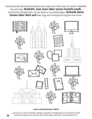 Seite 28 im Malbuch „Wir sammeln die Familie Gottes“
