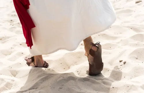 view of the Savior’s feet walking through sand