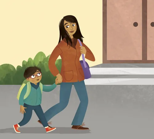 Mom and boy walking to school