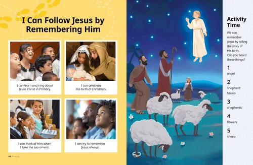 PDF spread with four short panels showing photos of children and an illustration of an angel appearing to shepherds