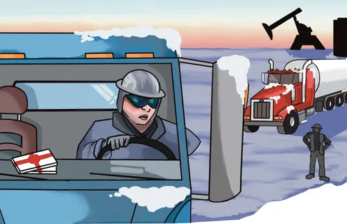 illustration of a man driving a truck in the snow