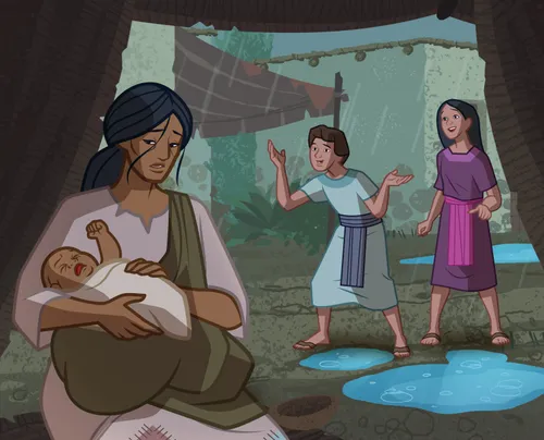 A boy and a girl talk to a woman with a crying baby.