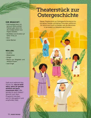 Artikel (PDF) mit einem Bild von Kindern, die gekleidet sind wie die Menschen in der Bibel, mit Palmzweigen in der Hand