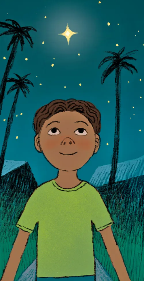 An illustration of a boy looking into starry sky at night