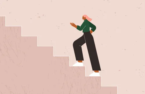 an illustration of a woman climbing some stairs
