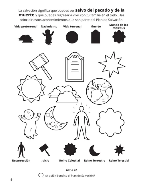 Página para colorear en PDF con símbolos del Plan de Salvación, además de una actividad de concordancia