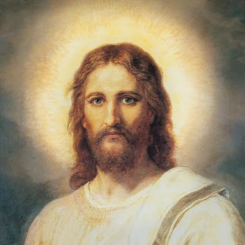 a portrait of Christ in white robes