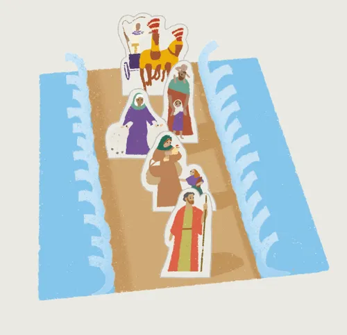 Illustration of a paper craft of the Red Sea with cut-out figures between the walls of water