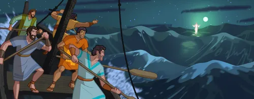 The Apostles see Jesus walking toward them on the water.