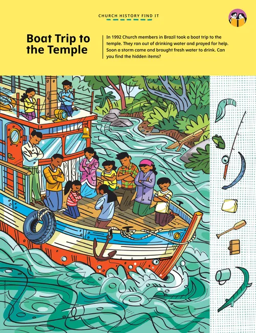 Hidden picture illustration of people praying on a boat