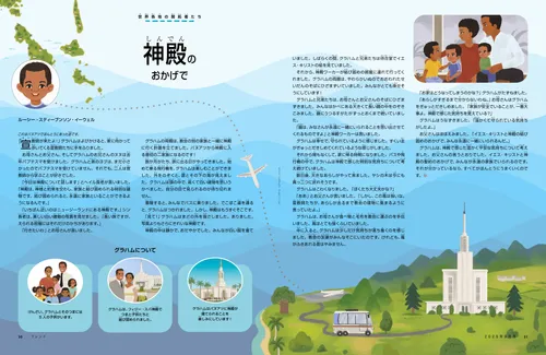 バヌアツの地図、笑顔の少年、家族と一緒にいる少年、神殿に向かうバスのイラスト