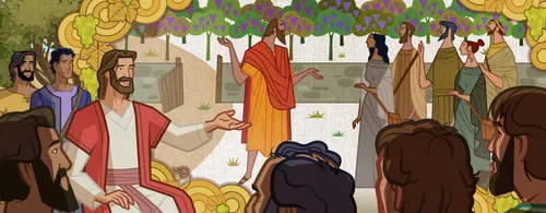 Jesus telling a parable about a man who hires some workers to help him.